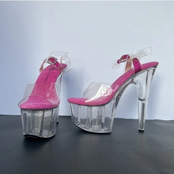 Glitter Heels 6.5” Stiletto Clear Platform Fuchsia Stripper Pole Dance Shoes - Picture 1 of 16
